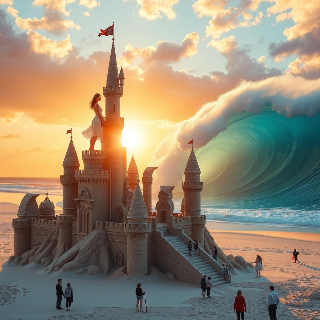 A detailed and vivid photorealistic image of a sand castle w...