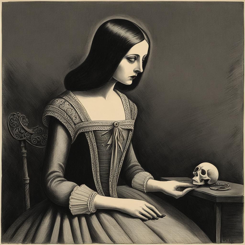 Girl with Death Mask (She Plays Alone) in the style of Alfred Kubin