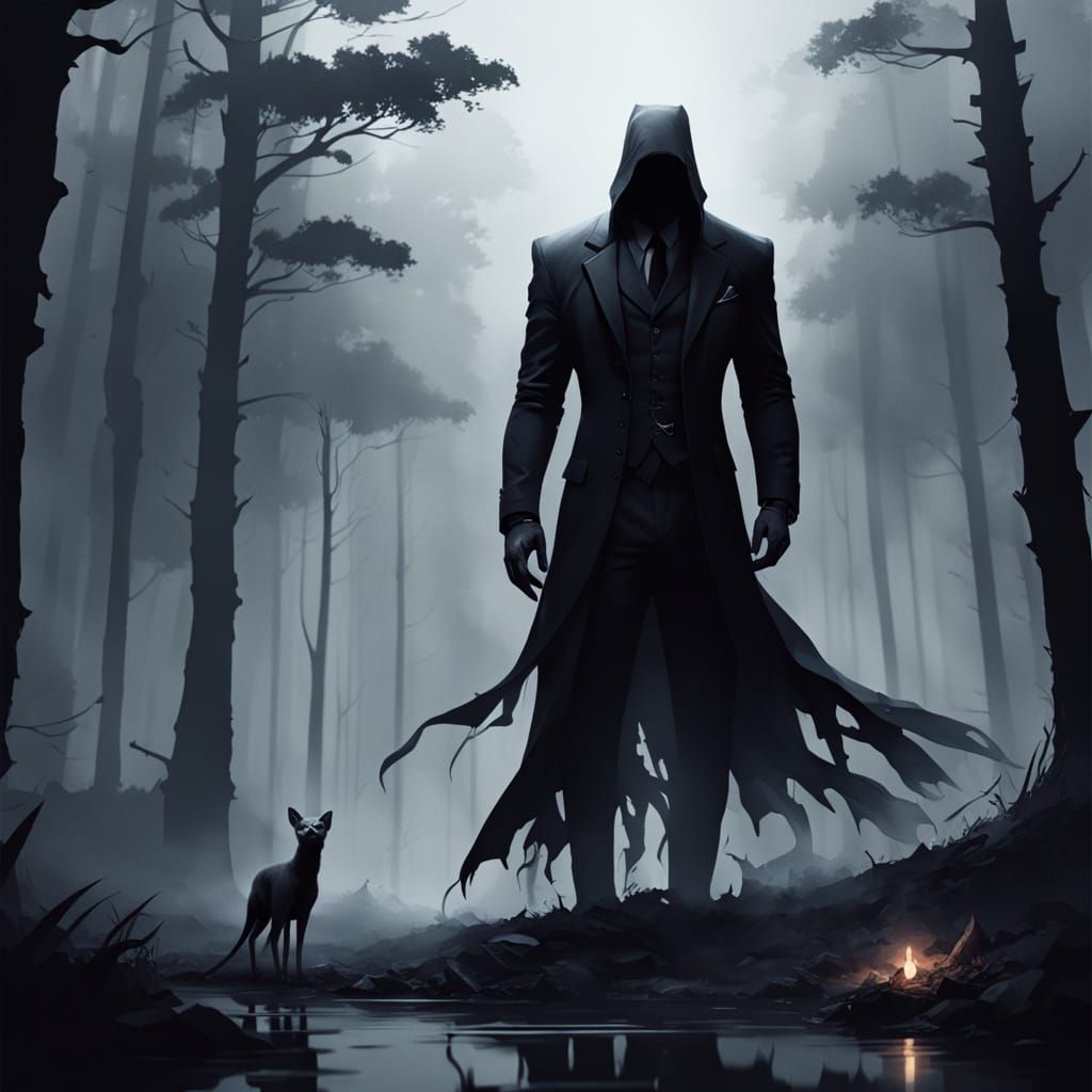 a dense forest viewed from a clearing. fog covers the area, a lone shape is barely visible amungst the trees through the fog. The figure is ...