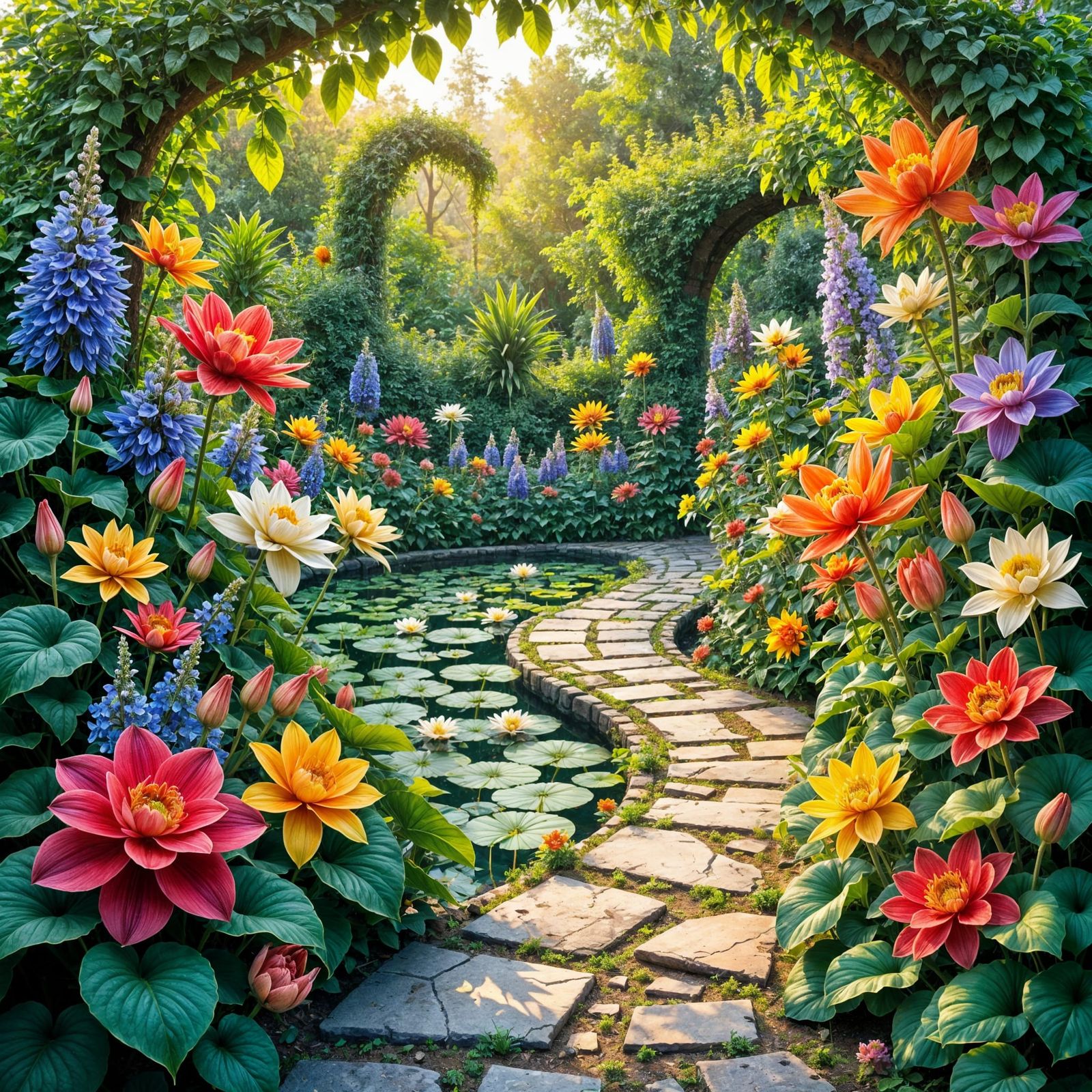 <lora:Floral Clarity:1.0> A breathtakingly beautiful, lush garden, teeming with an array of vibrant, exotic flowers in every hue, from velve...