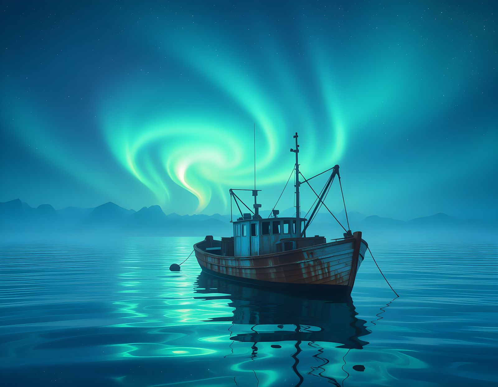 Rusted Fishing Boat on Liquid Glass Ocean Under Aurora
