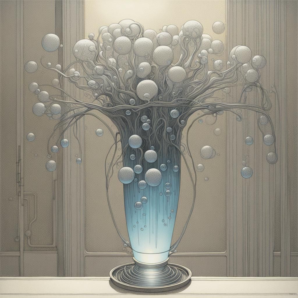 A flower vase with light and bubbles by Moebius, H.R. Giger