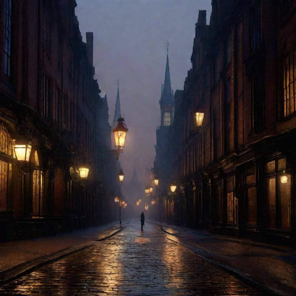 Style of Atkinson Grimshaw, a Victorian lamplighter lighting the street ...