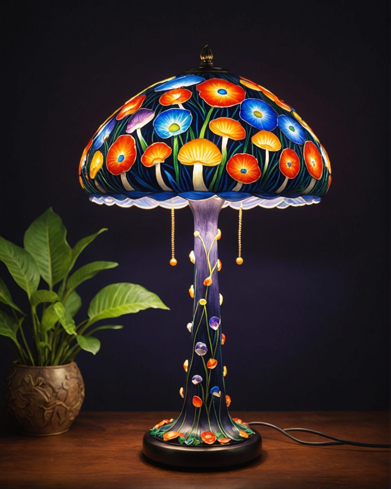 a hand-painted mushroom lamp. The mushroom is decorated with an array of vibrant colors, each petal and ...  by @Giovanni