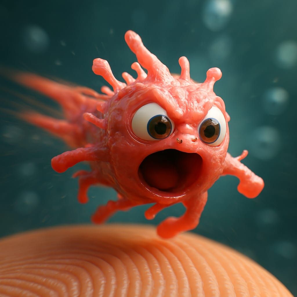 microorganism dashes across a vast fingertip terrain