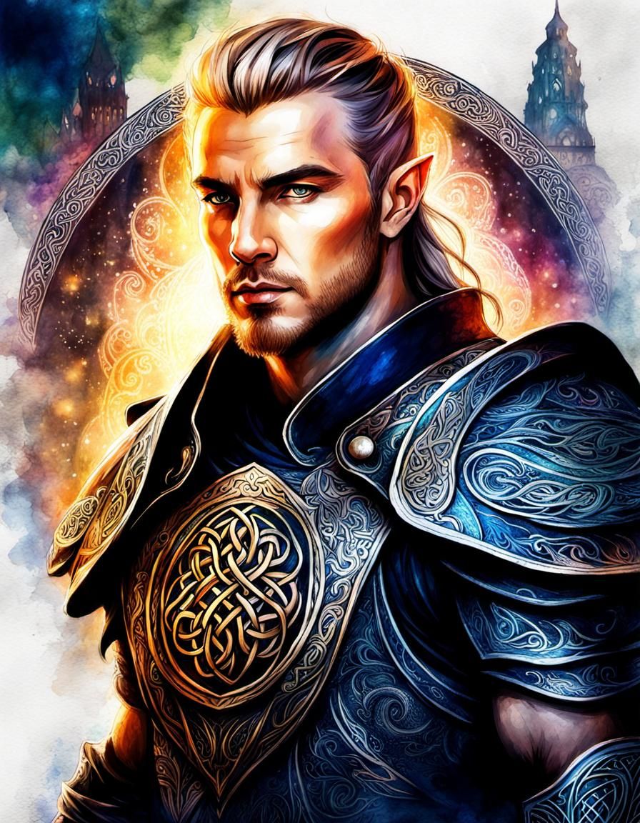 Celtic Tattooed Elven Warrior: Mystical Watercolor Portrait