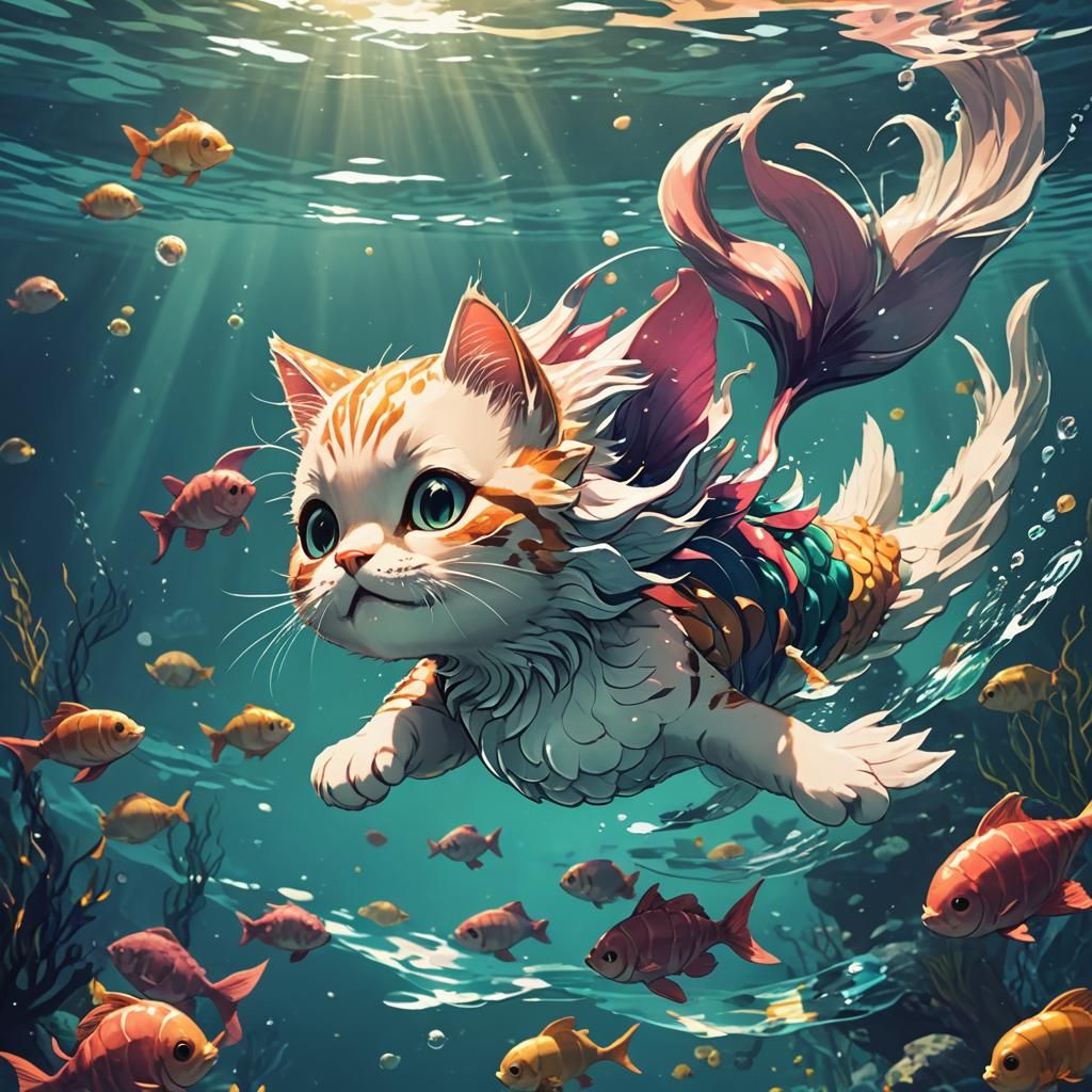 Kitten mermaid swimming