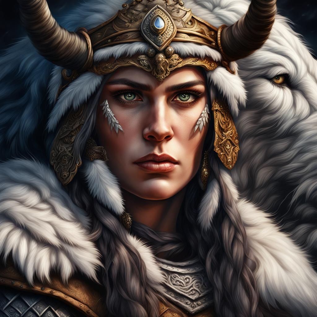 Photorealistic head and shoulder portrait of majestic barbarian woman ...