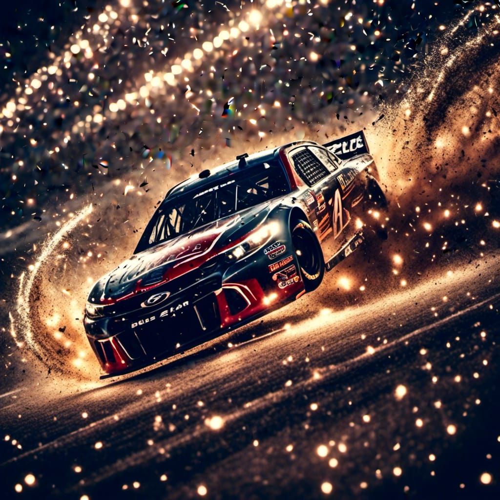 A massive Nascar race, extreme action shot, tight corners in a cityscape racetrack, intense high-speed action, flying tire particles, flying...
