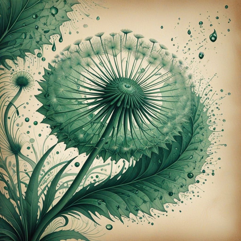 Vintage Botanical Dandelion Illustration with Fractal Patter...