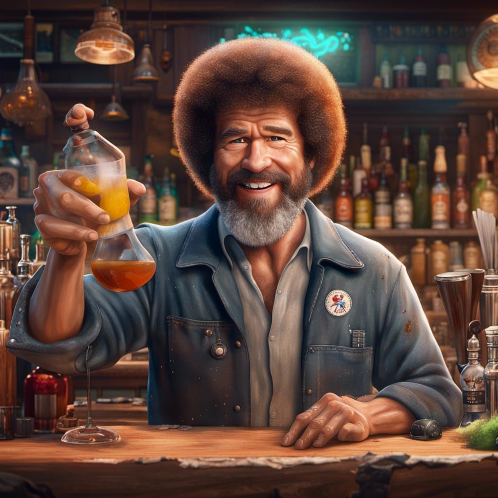 realistic bob ross as a bartender