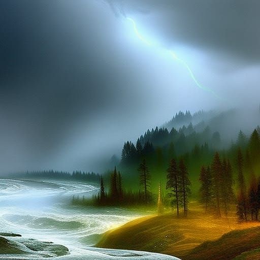 "gothic river fire-storm, fantasy, lightning under the river...