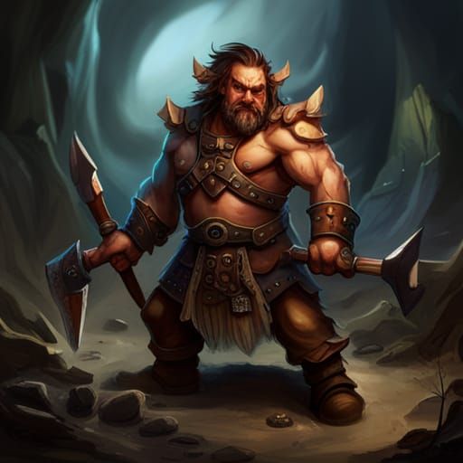 Male dwarf berserker wielding 2 different looking axes. He has scars on ...