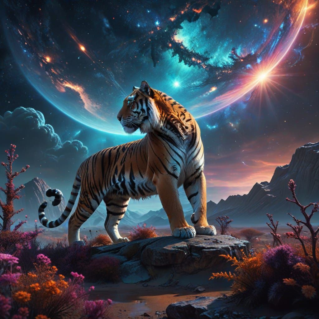 Galactic Tiger on Alien Planet: Digital Art