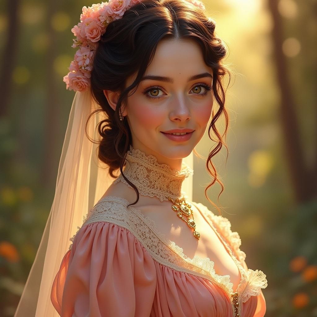 Color portrait of a young 1800s woman, Victorian, sensible, beautiful, kind, literary character, smile