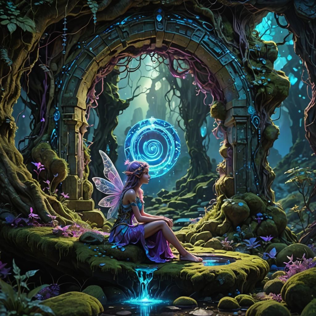 A beautiful female fairy sitting on a small mossy rock staring up at a disproportionately big ancient portal. Elemental magic in hues of neo...