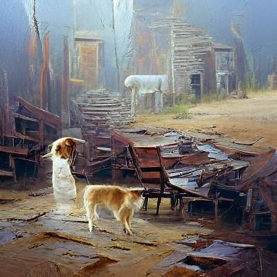 A dog Wondering around a ghost town