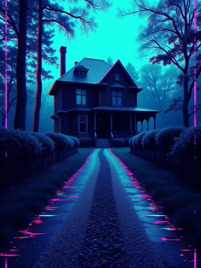 <lora:GlitchRetro:1.0> glitchcore glitch effects glitch lines hyperreal retro photo abandoned gothic house with a long gravel driveway at d...