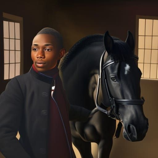 african-american stable boy with horse, inside stable, in th...