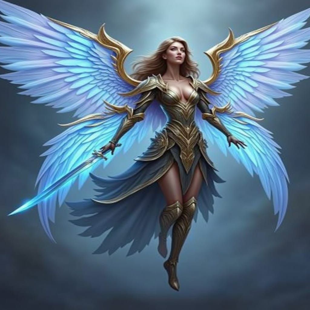 <lora:HyperRealistic Wings:1.0> Elegant woman with soft glowing blueish-white wings on her back, wearing a ornate suit of amour, with a glow...