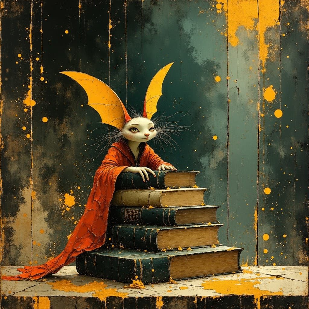 <lora:Akimora:1.0> <lora:divineOil:1.0> A whimsical gremlin, perched atop a towering stack of vintage books in a grand library, surrounded b...