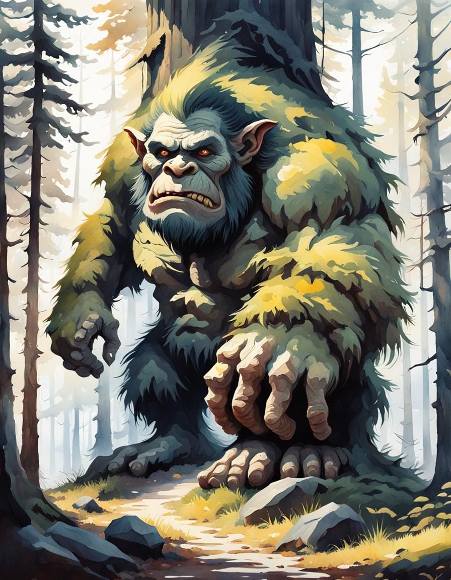 Giant Troll in Forest Watercolor Painting