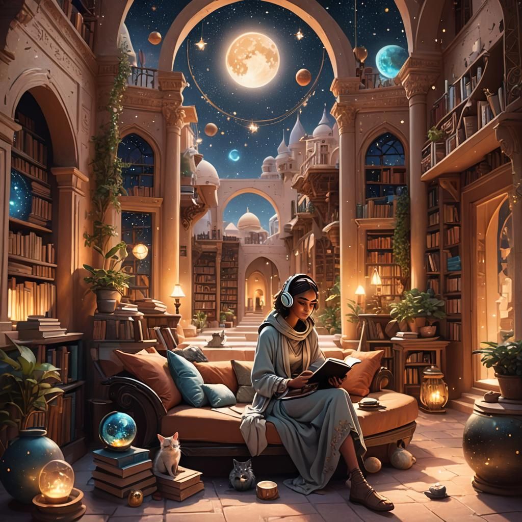 Cartoon Girl in Magical Arab Courtyard Concept Art