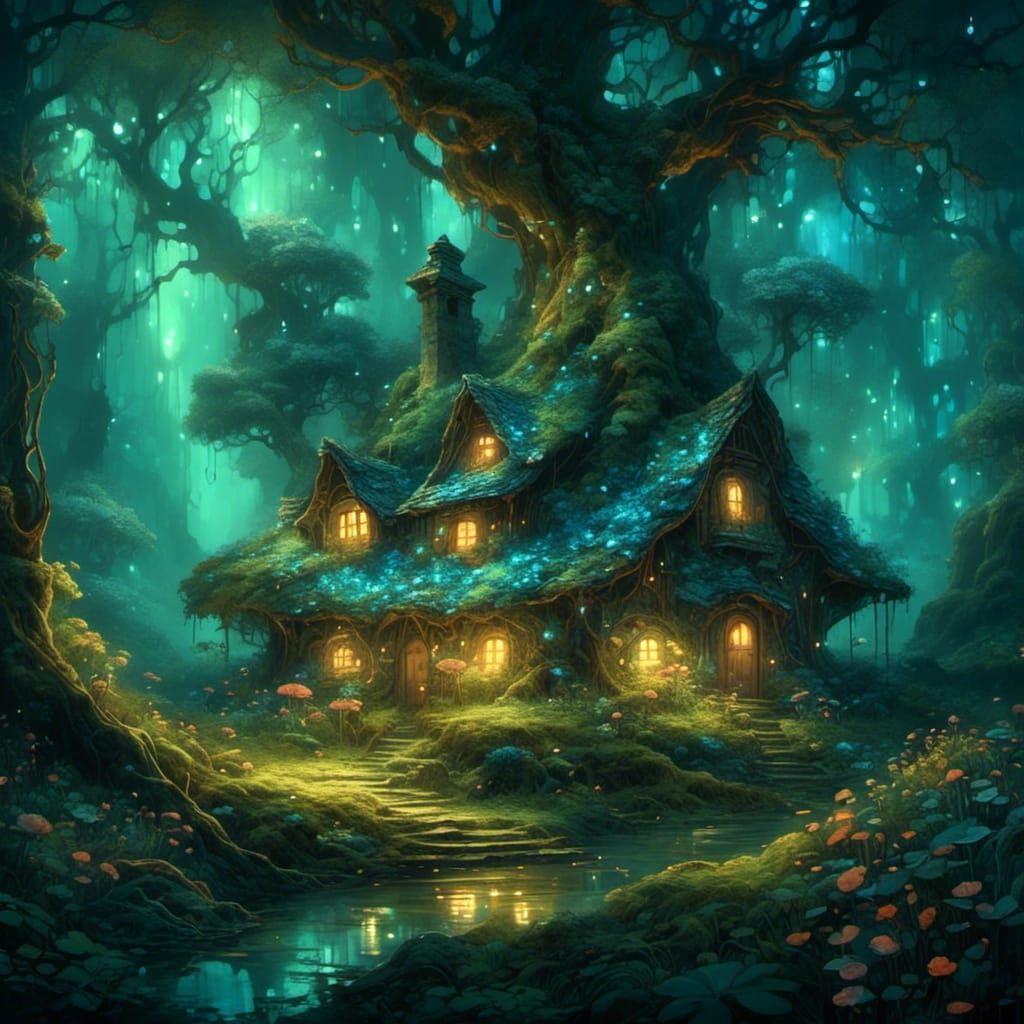 Glowing Cottage in a fantastical bioluminescent fairy forest <lora:DetailedFantasy:1.0> 