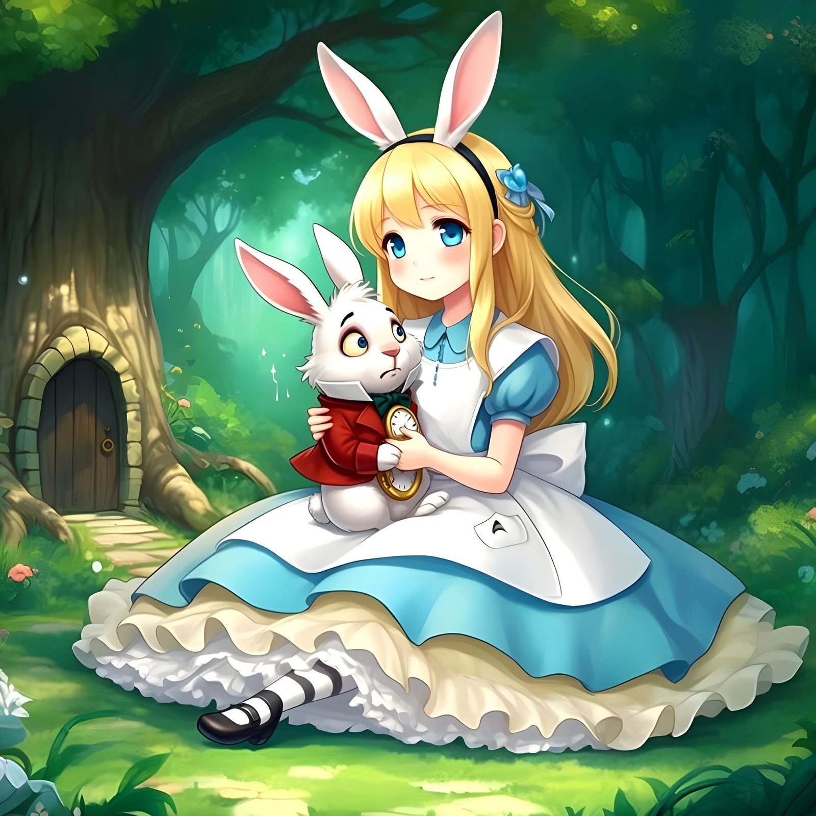 Alice Comforting the White Rabbit in Wonderland  by @Gary Murakami
