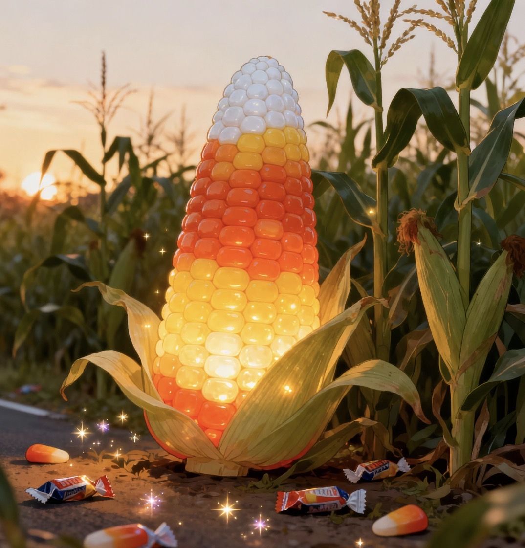 A whimsical summer evening scene with a giant candy corn-on-...