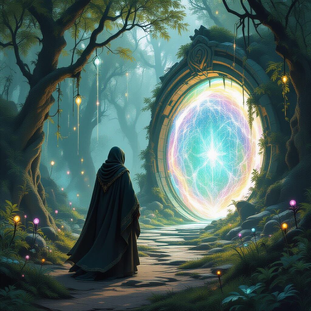 A shimmering, iridescent portal hovers in a serene, ancient forest clearing, emitting soft, ethereal light. Strange, alien flora with glowin...
