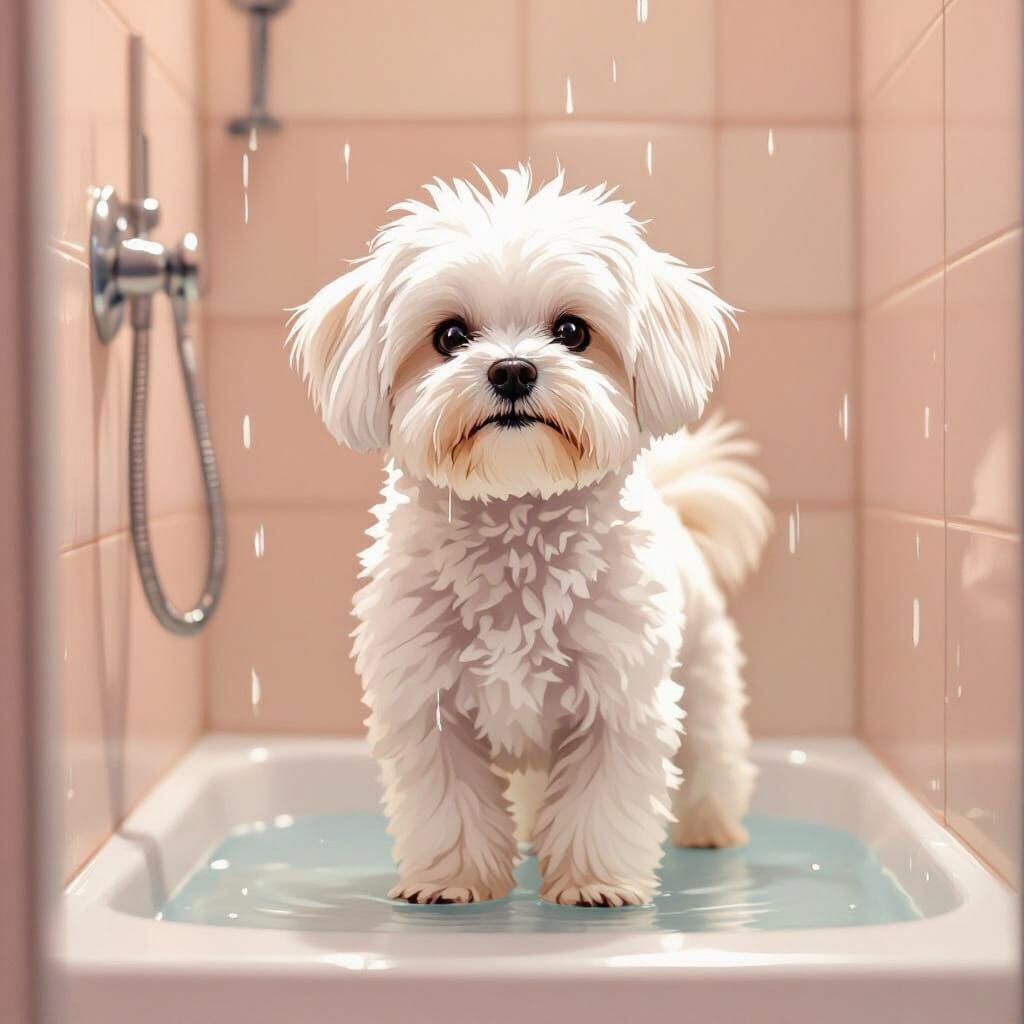 Fluffy White Maltese Dog Enjoys a Shower