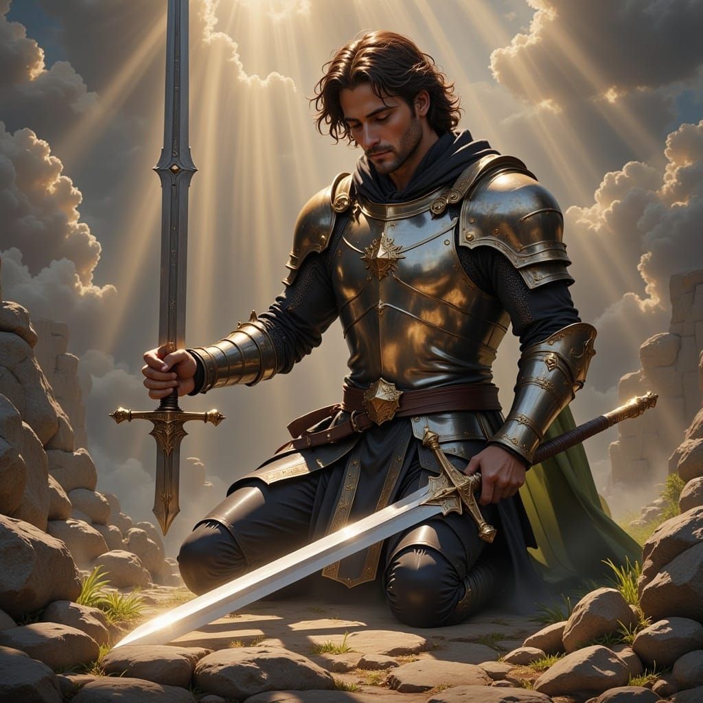 <lora:Holy FluxaMOly:1.0> A Paladin kneeling on a battlefield, exhausted after a battle, holding onto his sword that is point first in the g...