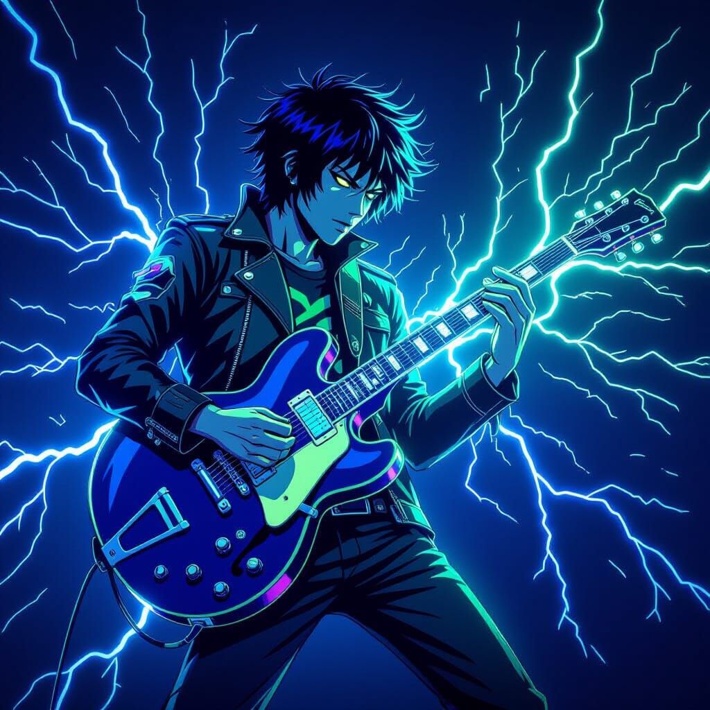 Electric Neon Guitar Emitting Lightning Bolts