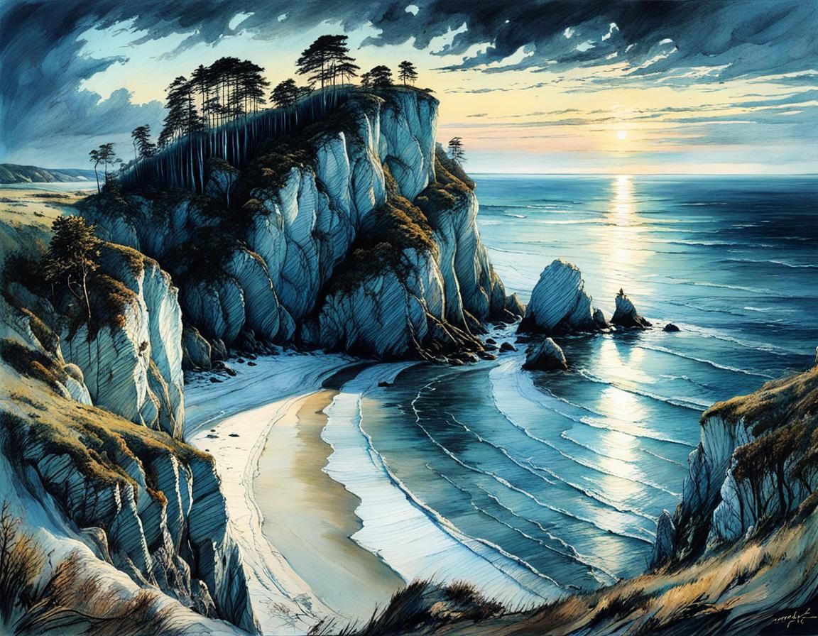 breathtaking chalk coast of Rügen in the soft evening light, by Arthur Rackham, Carne Griffiths and Caspar ...  by @Tina auf der Blumenwiese