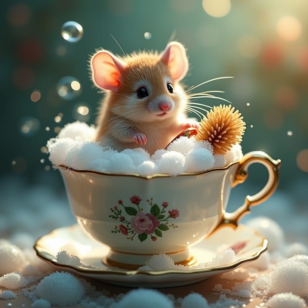 An adorable mouse taking a bubble bath, scrubbing his back w...