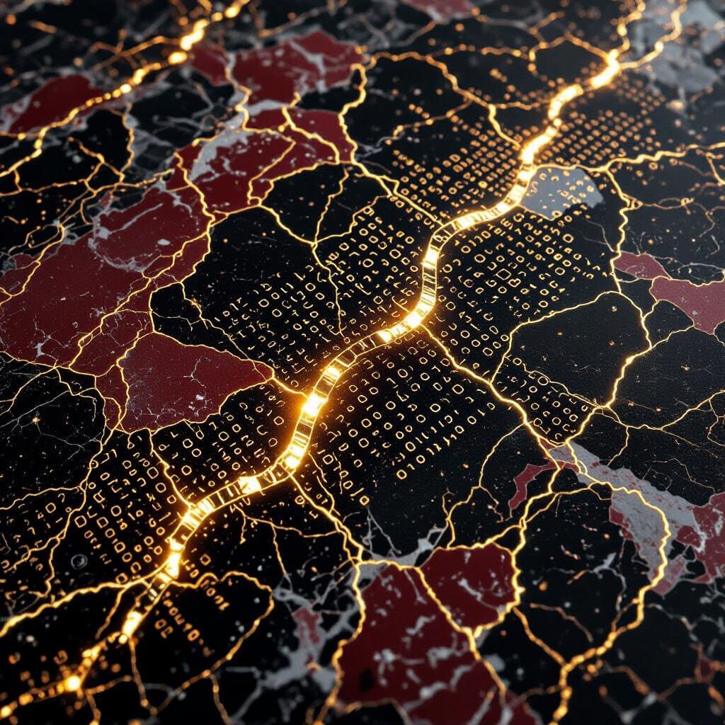 8. "Binary Veins"
At First Glance: A close-up, abstract texture of deep crimson and black marble, with fine, gold-flecked veins running thro...