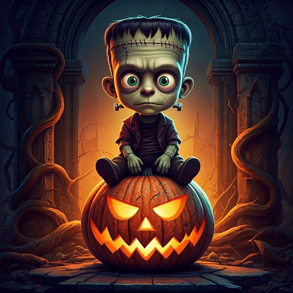 A little Frankenstein sitting on a pumpkin  by @graffouillator