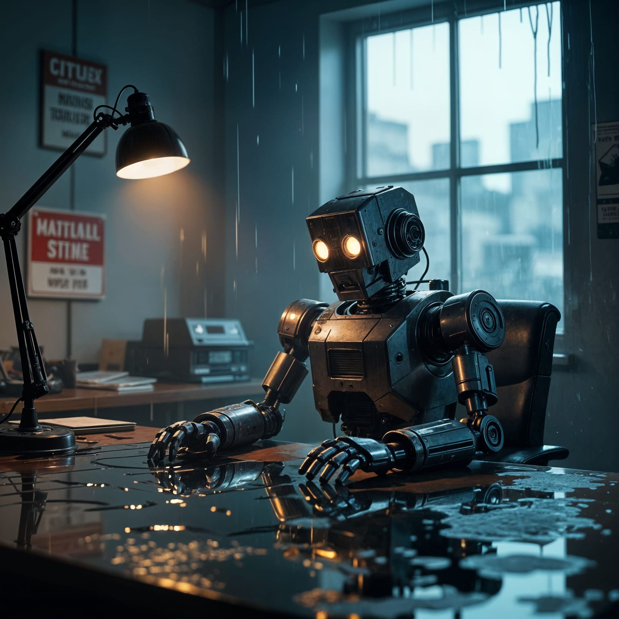 Robot sits alone in a dimly lit office. Failure is not an option. 