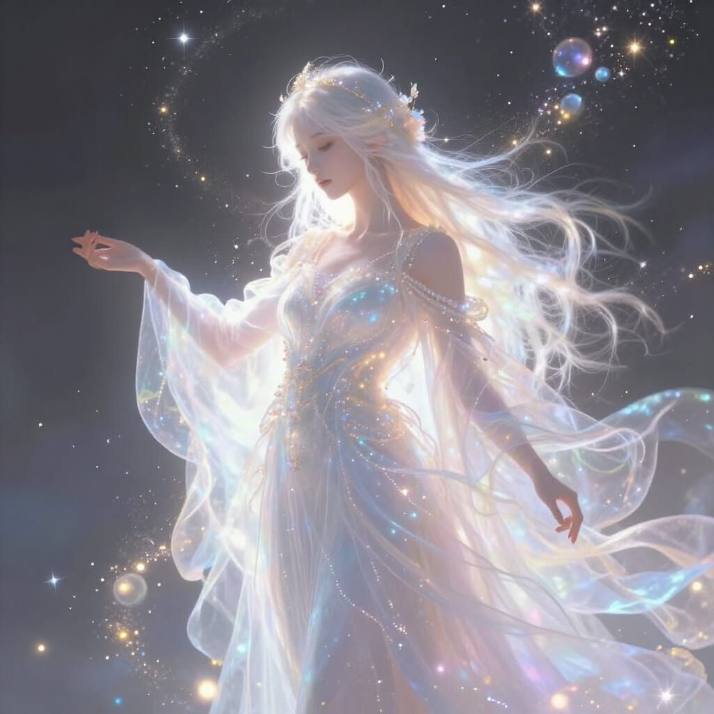 Ethereal Figure Amidst Shimmering Stardust in Pastel Tones