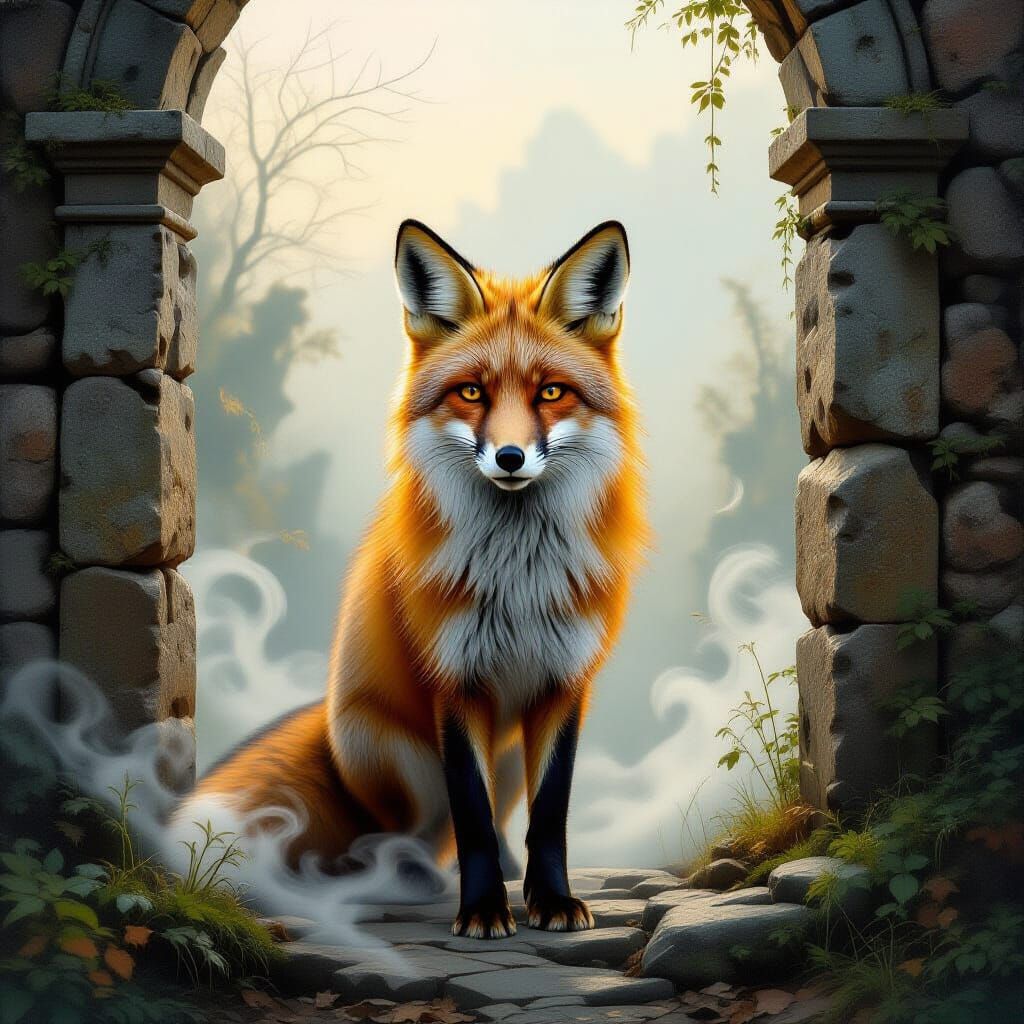 A majestic fox, rendered with hyperrealistic detail and sharp focus, stands at the threshold of an ancient, overgrown stone gate. Ethereal m...