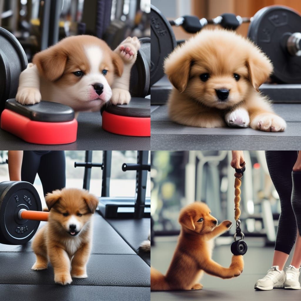 very cute baby puppy, realistic fur, lifting weights at gym ...