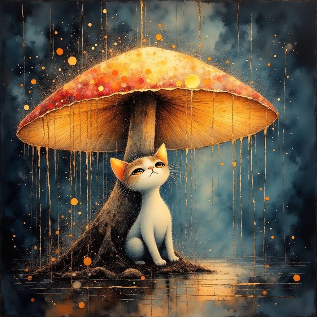  A kitten sitting under a giant glowing mushroom  by @Rising Phoenix