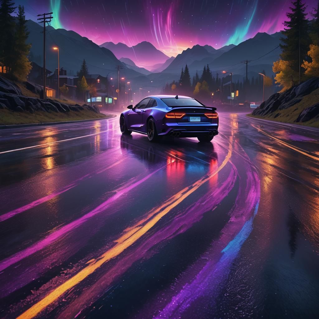 Transparent Vehicle Speeding on Neon Lit Road