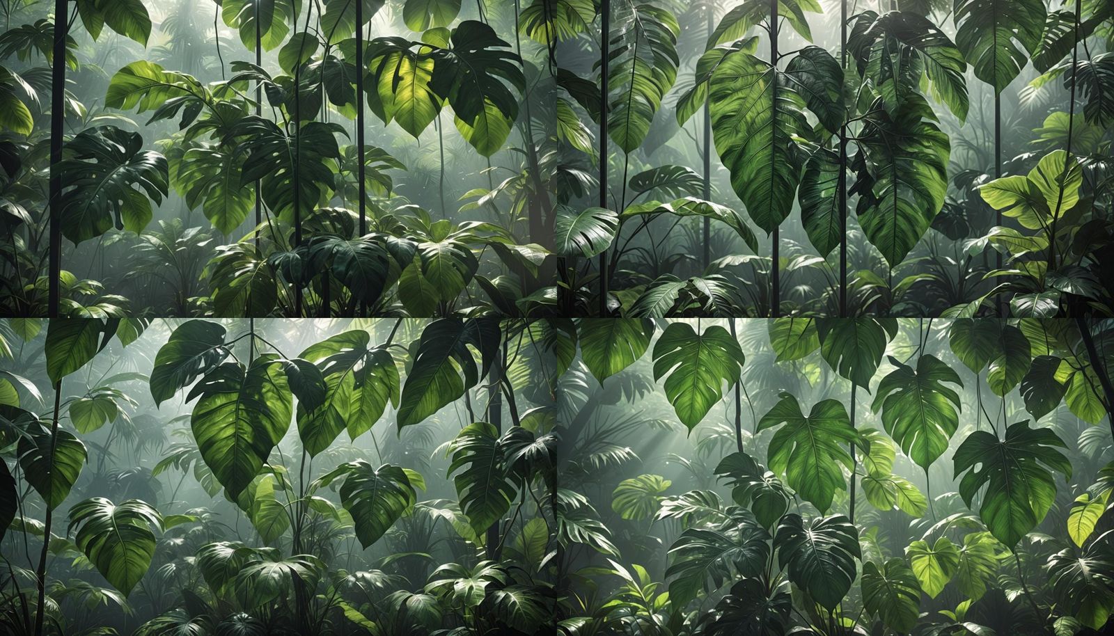 Big rainforest Green leaves behind frosted glass, unreal eng...