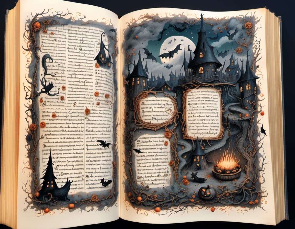 Book of witches in <lora:books and parchment:1.0> style