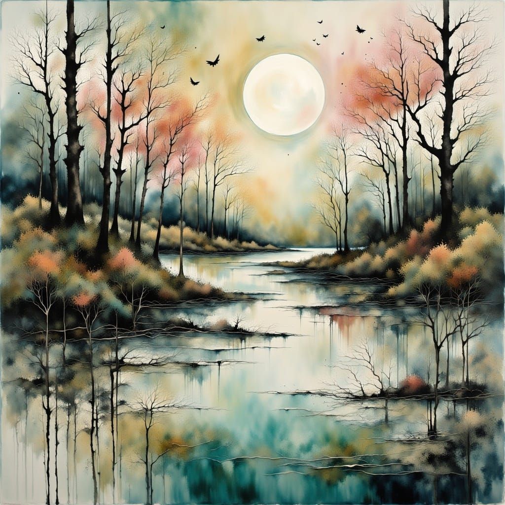 <lora:Moody flux:1.0> Merged double exposure layered image of beautiful delicate detailed reflections on the water, by Stewart Edmondson, Th...