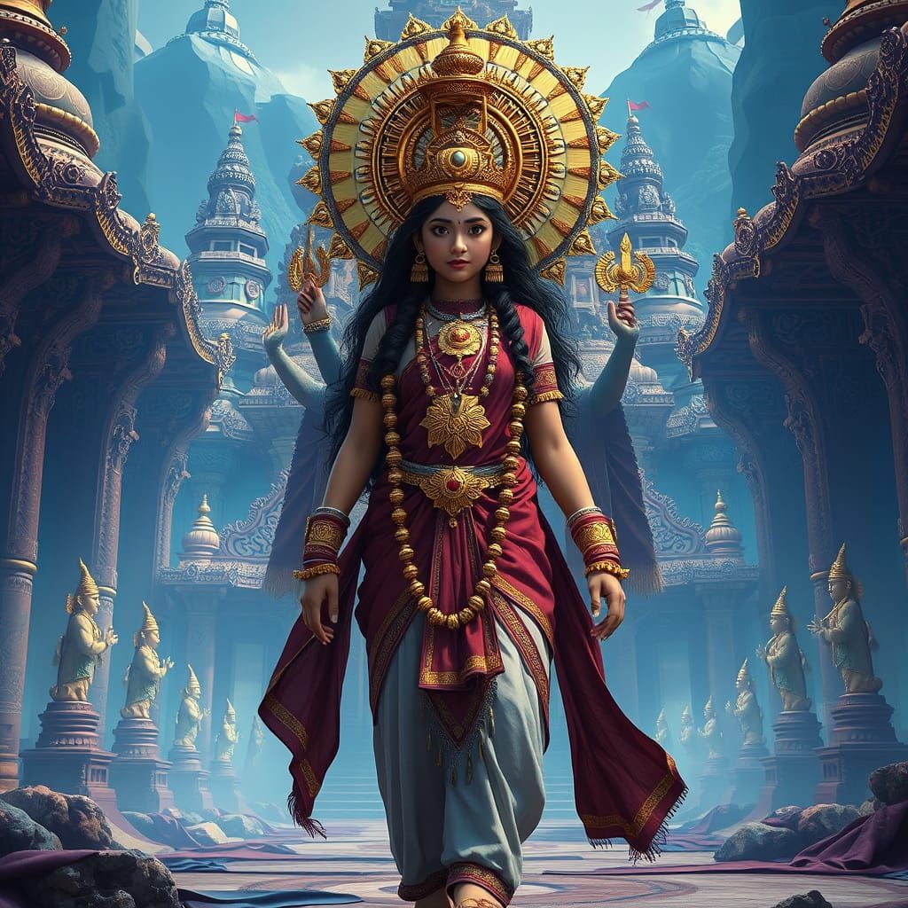Brahmin Girl Protected by Gods in Fantasy Landscape