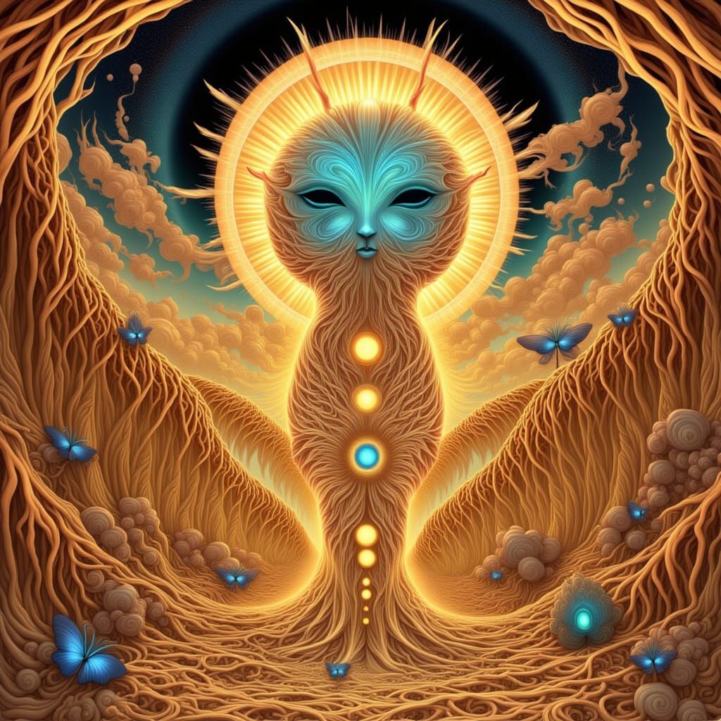 <lora:Bliss Fire:1.0> EXQUISITELY BEAUTIFUL STYLIZED SURREAL HIFI LION CREATURE IN THE DESERT ARCHED CLIFFS MASTERPIECE