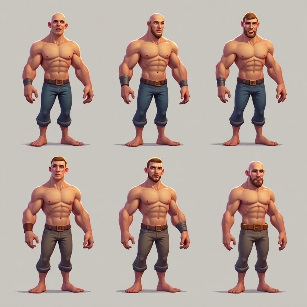 Create men stylized humanoid fantasy character bases (slim, average, muscular) for a top-down isometric action RPG, in a style between Torch...